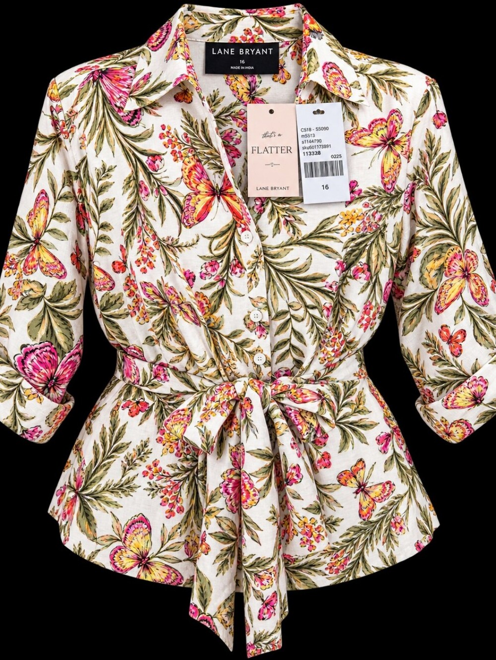 Lane Bryant Cream Floral Tie-Waist Button Front Blouse with Pink & Green Accents
